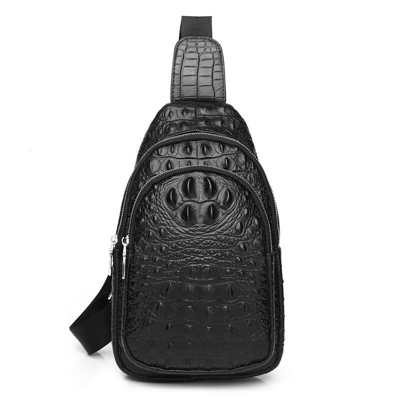 Top Cowhide Leather Men’s Sling Backpack, Crocodile Pattern Crossbody Chest Bag
