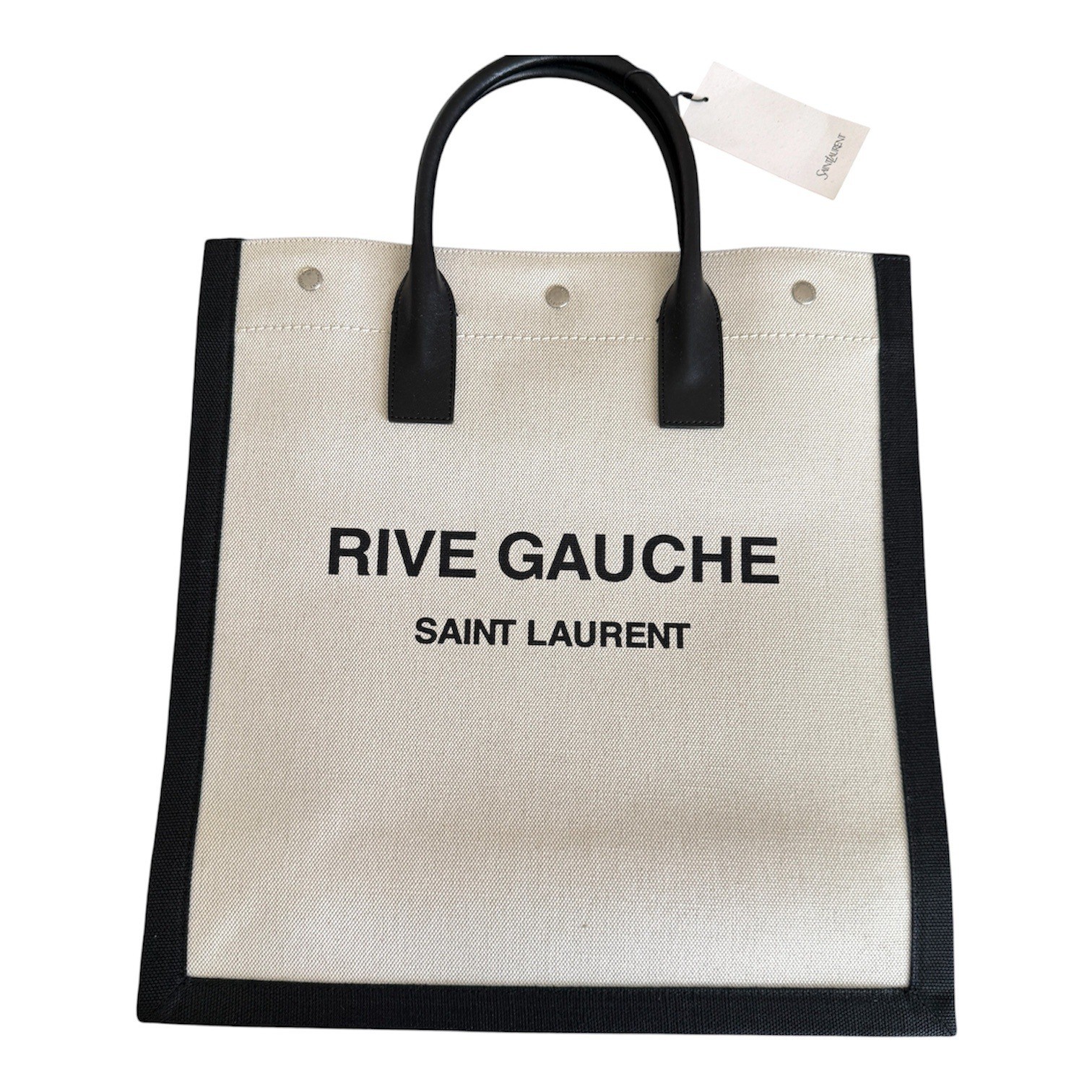 Saint Laurent Rive Gauche Tote Bag Canvas Leather White Black 632539