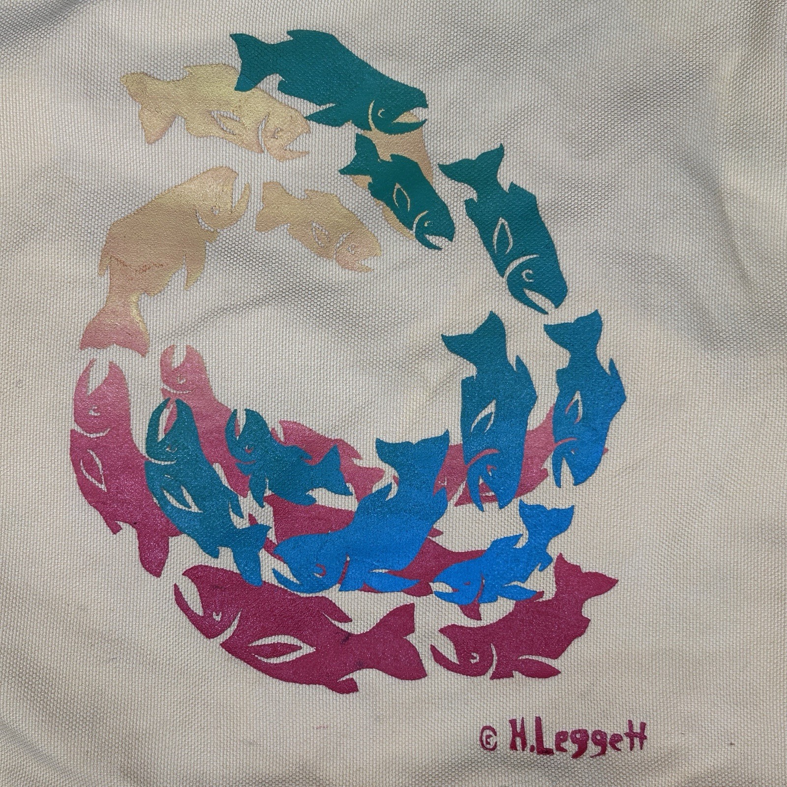 Authentic Pigment Cinch Sack 100 % Cotton Canvas yellow Ocean Fish 14 X 17”