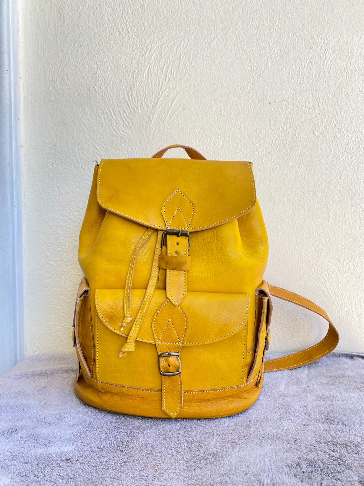 Yellow Leather Backpack Handmade Morocco Belt Buckle Front Back Pocket