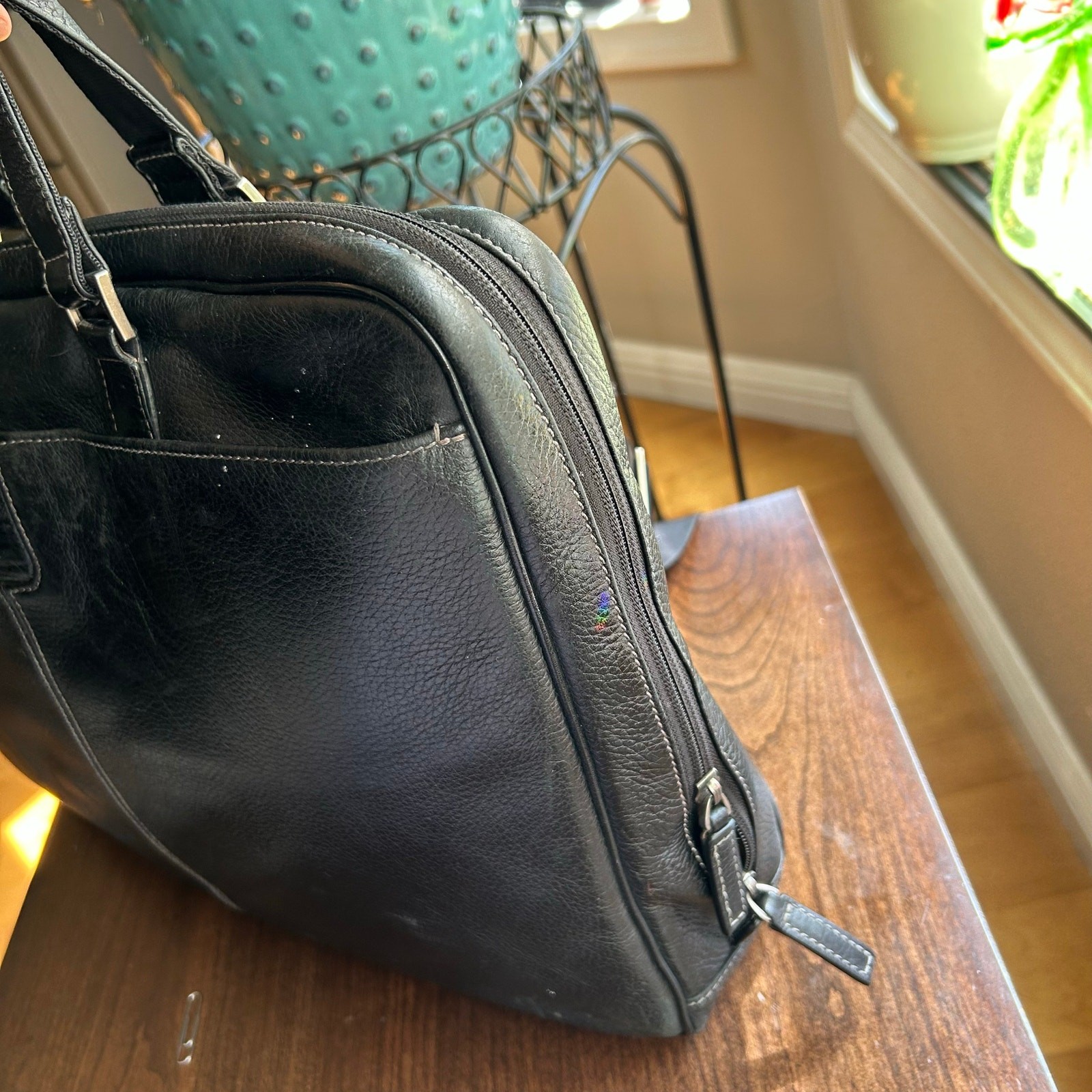 Boconi Tyler Tumbled Zipster Black Leather Messenger Bag Briefcase