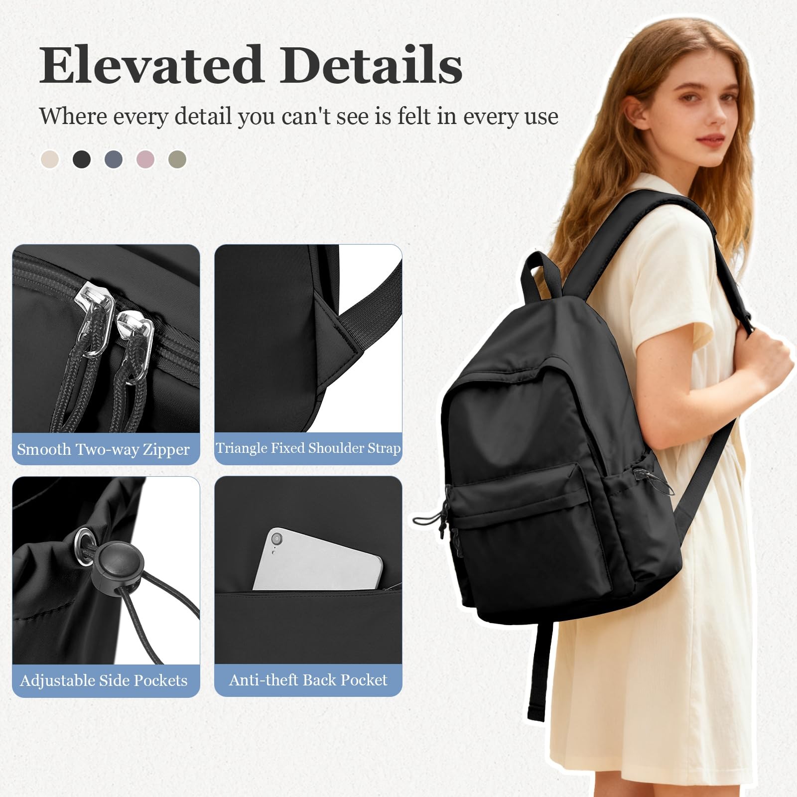 Classic Basic Black Backpack Waterproof Lightweight Travel Daypack