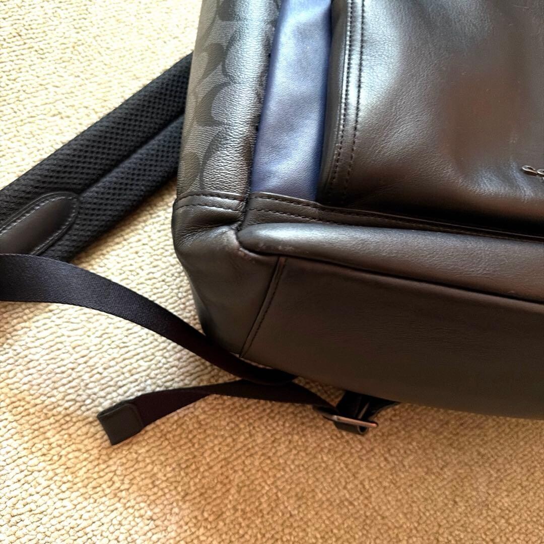 Coach Leather Backpack Black Navy Mens Large Rucksack Logo Missing Outlet Used