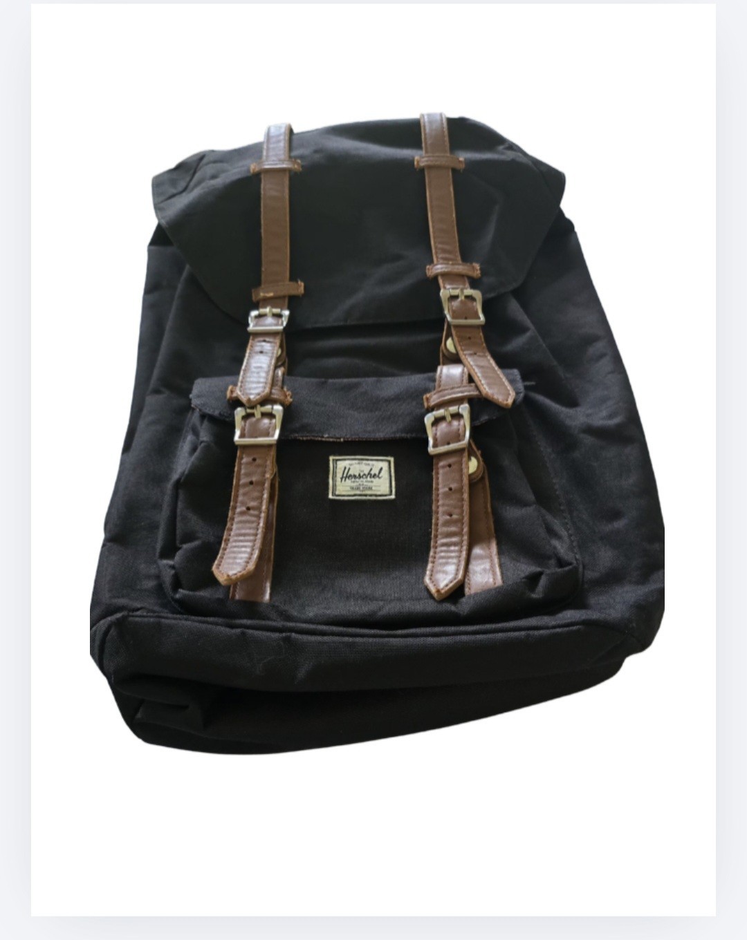 Herschel Backpack Black, Brown Straps, Red/White Striped Interior Large Flap Bag