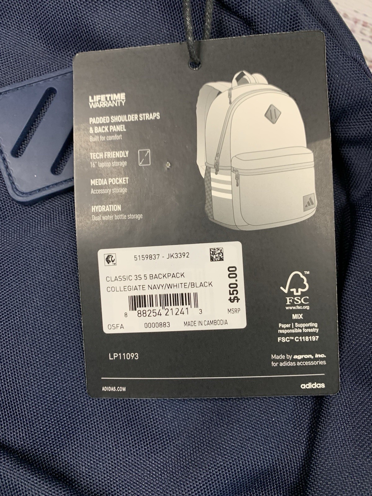 adidas Classic 3S 5 Backpack Navy White Black School Laptop Gym Bag JK3392 NWT