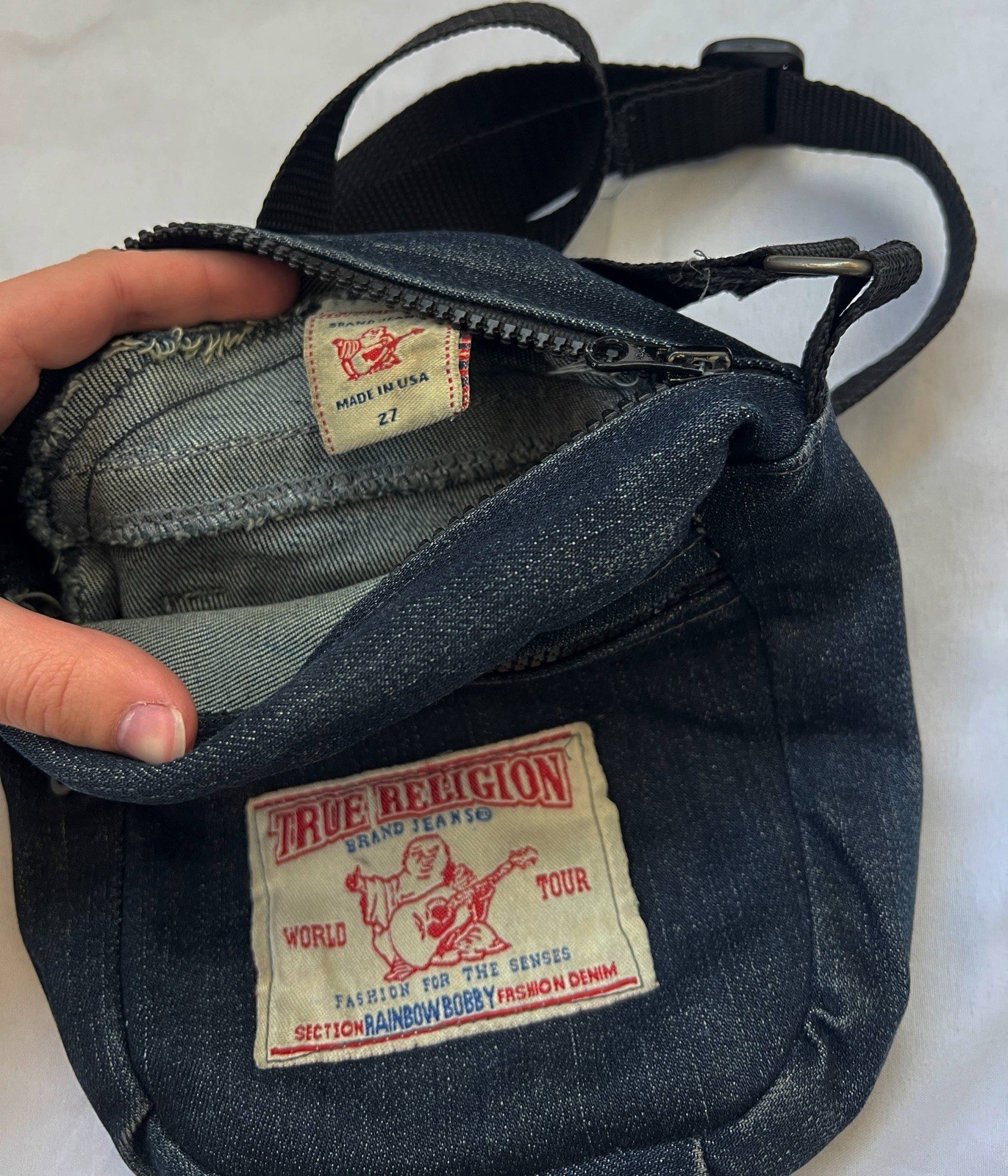 Custom Upcycled True Religion Denim Messenger Bag Y2K Bobby Buddha Patch Crossbo