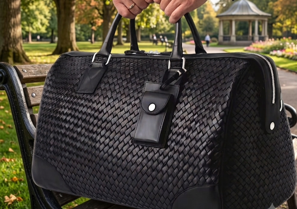 Hndmade Black Woven Leather Duffle Bag Large Weekender Travel Carry On Overnight