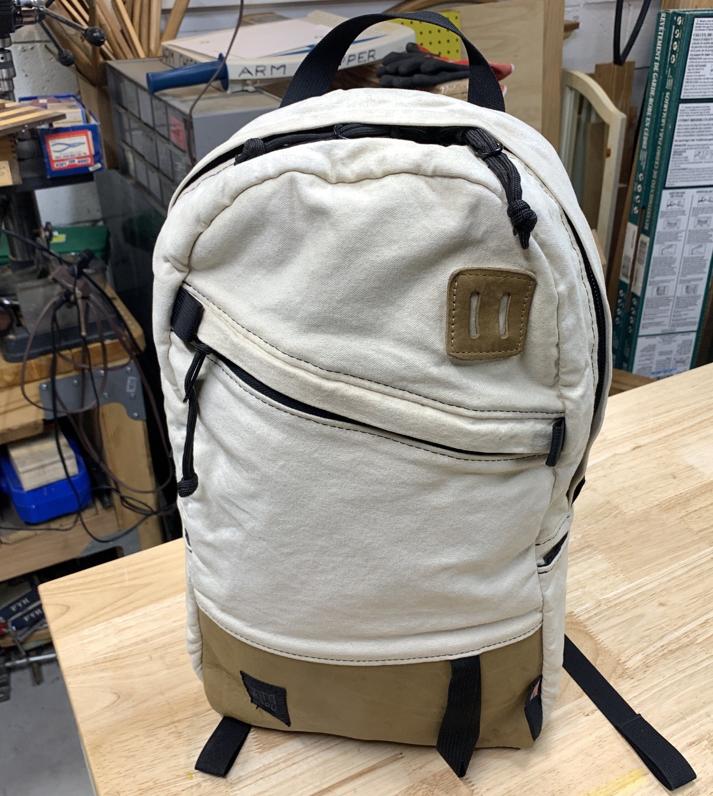 Topo Designs Daypack Backpack Off-White/Beige/Brown Leather USA-made Cordura