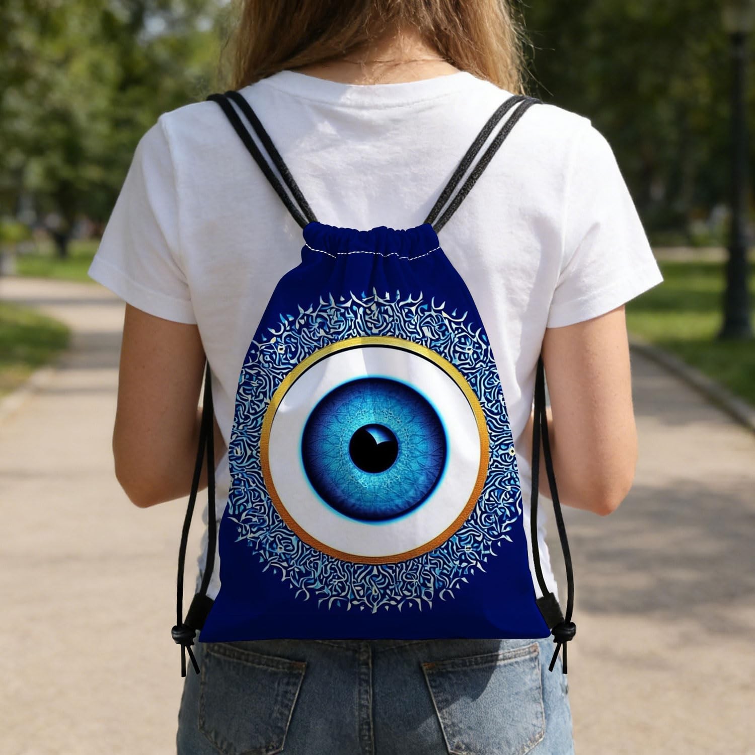 Blue Evil Eye Drawstring Backpack with Dual-Sided Print, Adjustable Cord & In…