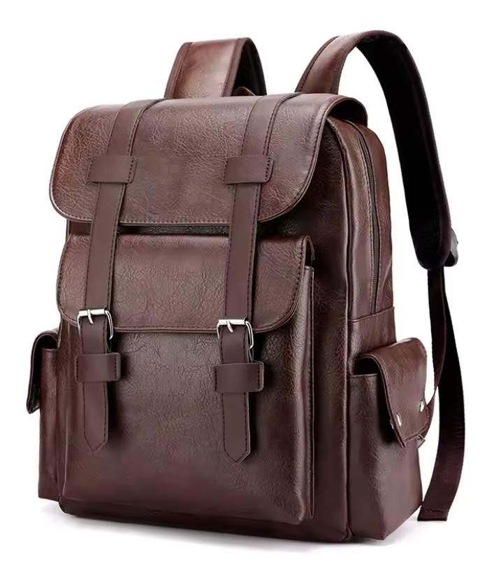 Waterproof PU Leather Backpack 14 Inches Large Capacity Work Travel Coffee