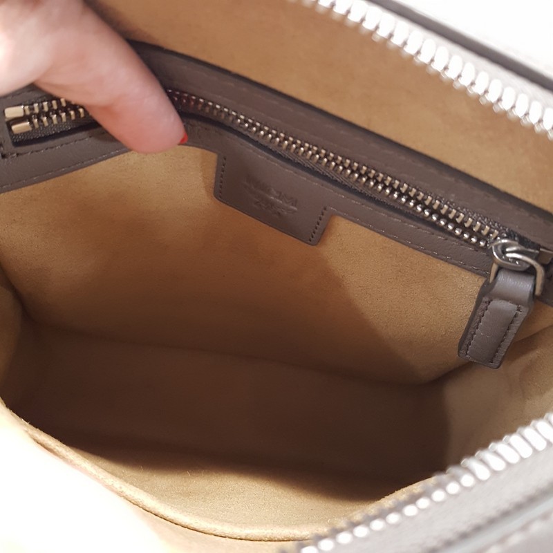 MCM Mini Klassik Taupe Grey Leather Monogram Crossbody Bag $830 Authentic