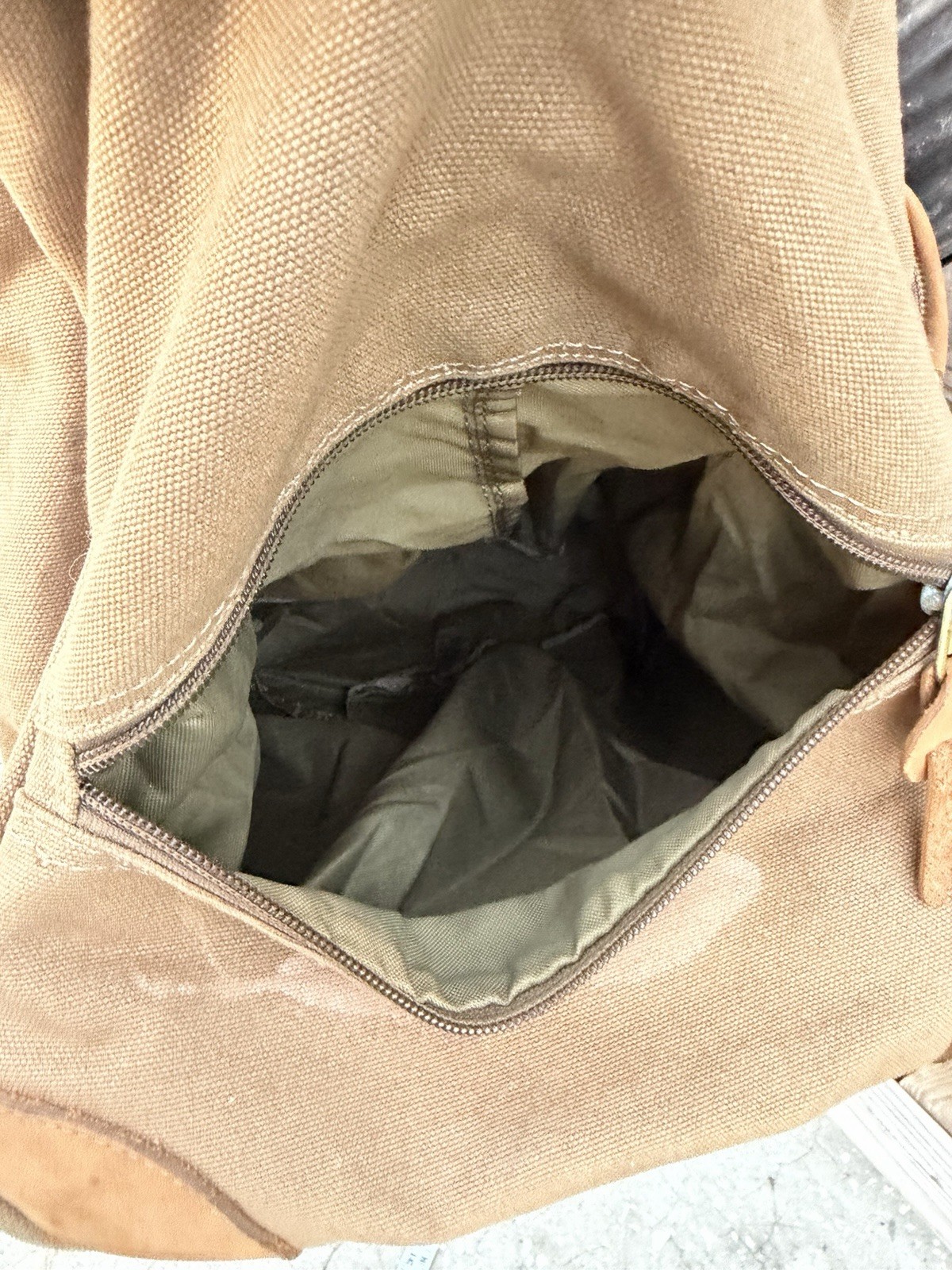 Orvis Canvas & Leather Zip Travel Duffle Bag Canvas Leather Large Brown Khaki