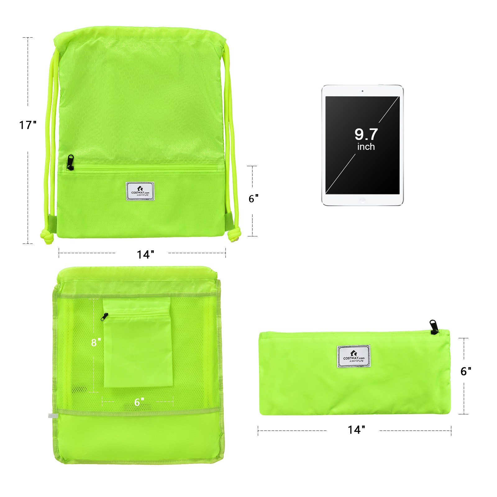 Costway Drawstring Backpack String Bag Folding Sports Sack w/Zipper Pocket Green