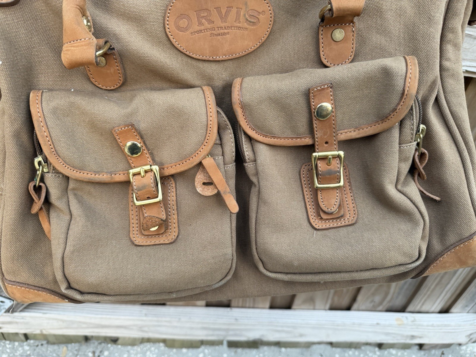 Orvis Canvas & Leather Zip Travel Duffle Bag Canvas Leather Large Brown Khaki
