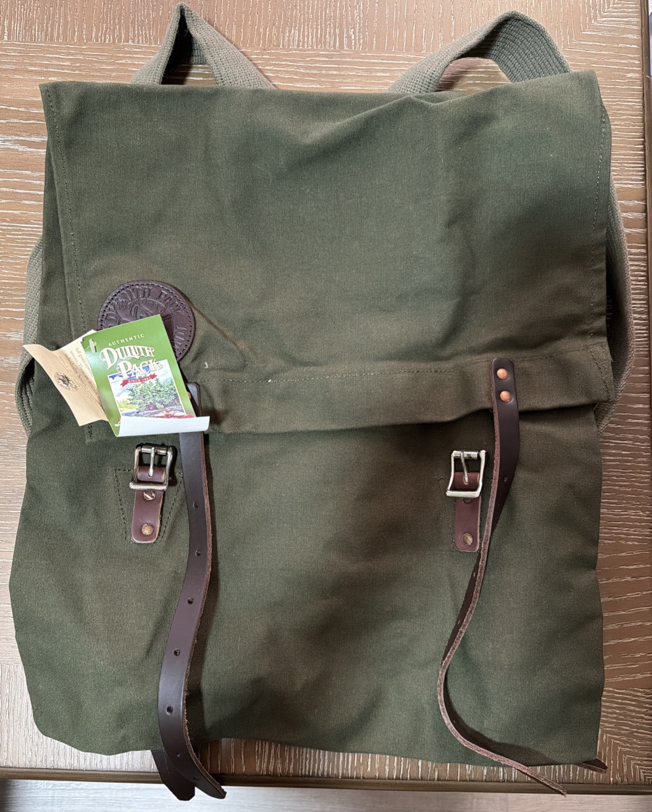 DULUTH PACK #51 Utility Backpack Olive Canvas w/Brown Leather Trim Adjustable