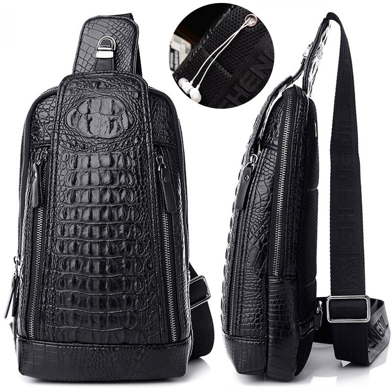 Sling Backpack Men’s Genuine Leather Crocodile Crossbody Chest Bag Sport Daypack