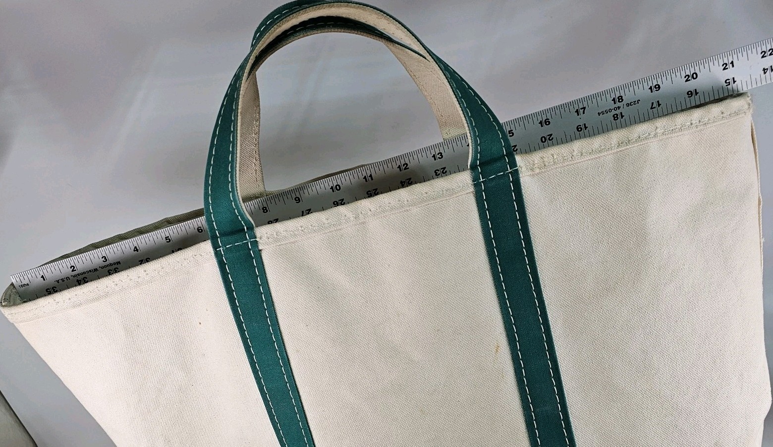 Vtg LL Bean Boat And Tote Bag Canvas Green Zip Top Heavyweight Large 21x13x7