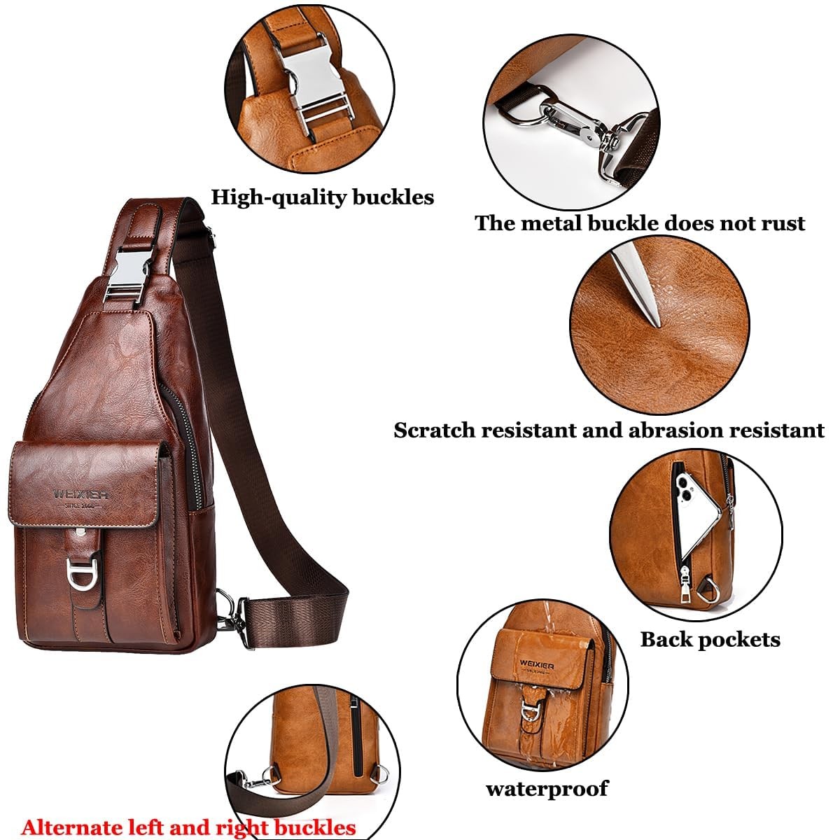 Sling Bag for Men PU Leather Waterproof Crossbody Chest Pack Hiking Cycling