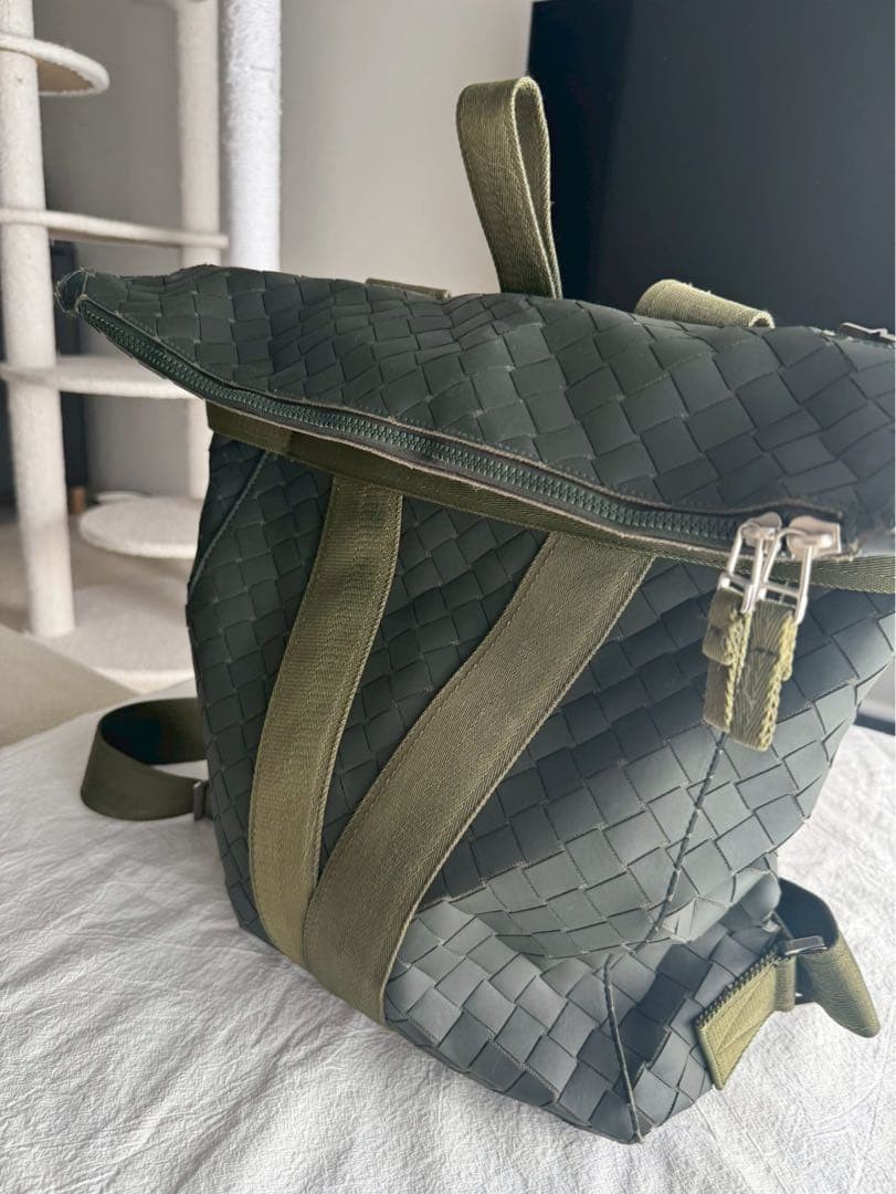 BOTTEGA VENETA Rubber Backpack, Intrecciato, Khaki, Rare, Excellent Condition
