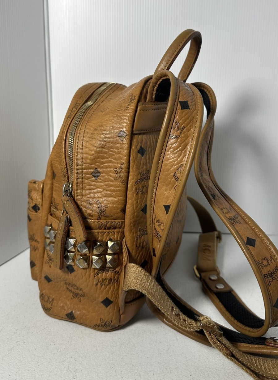 MCM Visetos Side Studs Small Backpack Camel Brown Leather Logo Studded Bag