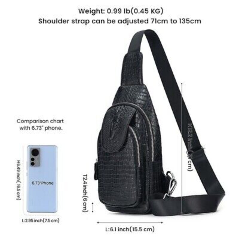 Black Real eather Sling Backpack, Men’s Crossbody Chest Bag Crocodile Pattern