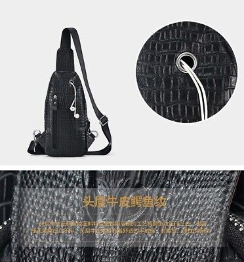 Black Real eather Sling Backpack, Men’s Crossbody Chest Bag Crocodile Pattern