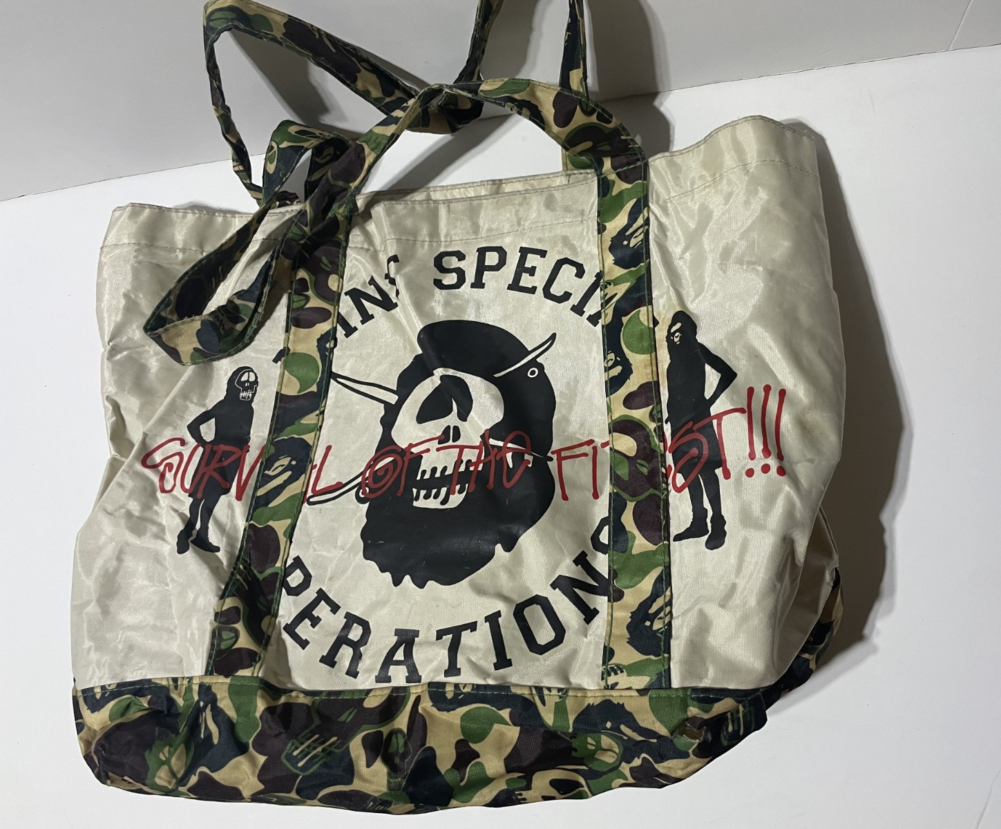 A BATHING APE BAPE × Stussy Nylon Tote Bag Pouch Beige camouflage Band Rare FS