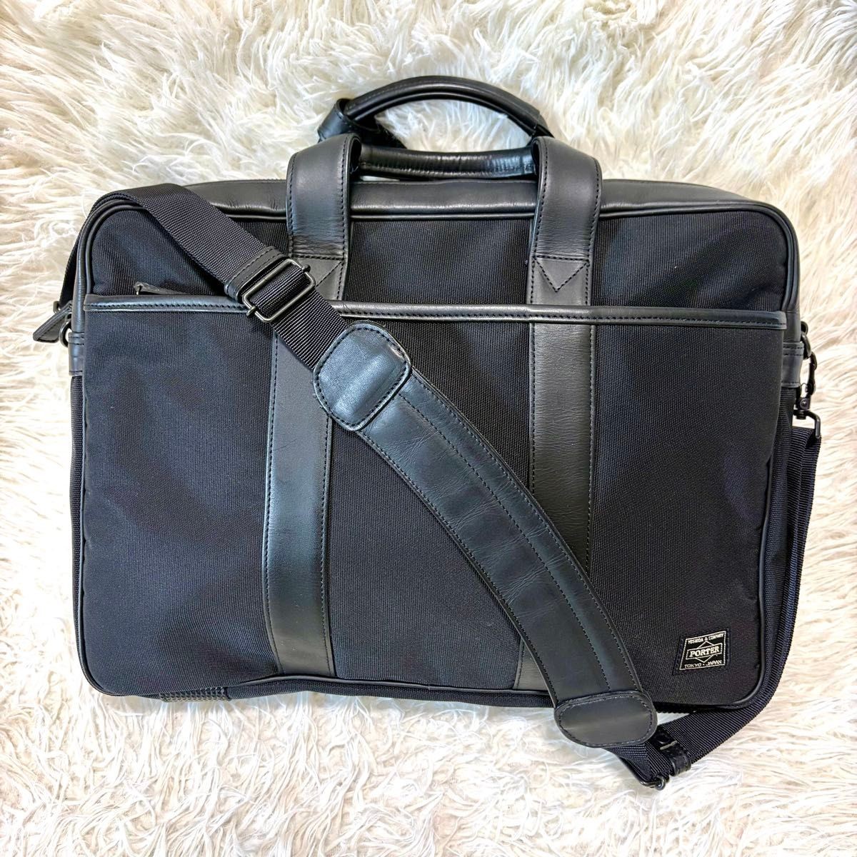Authentic YOSHIDA KABAN PORTER TAG 2-Way Briefcase Black Leather 30cm x 42cm x 1