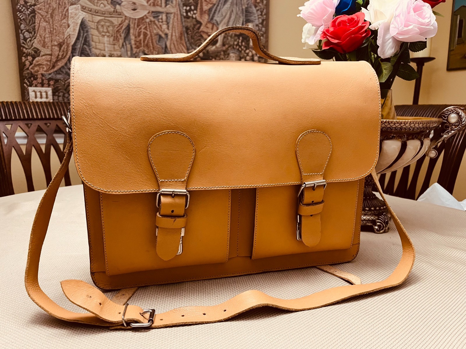 Natural Tan Saddle Leather Briefcase / Messenger Bag / Backpack – Germany