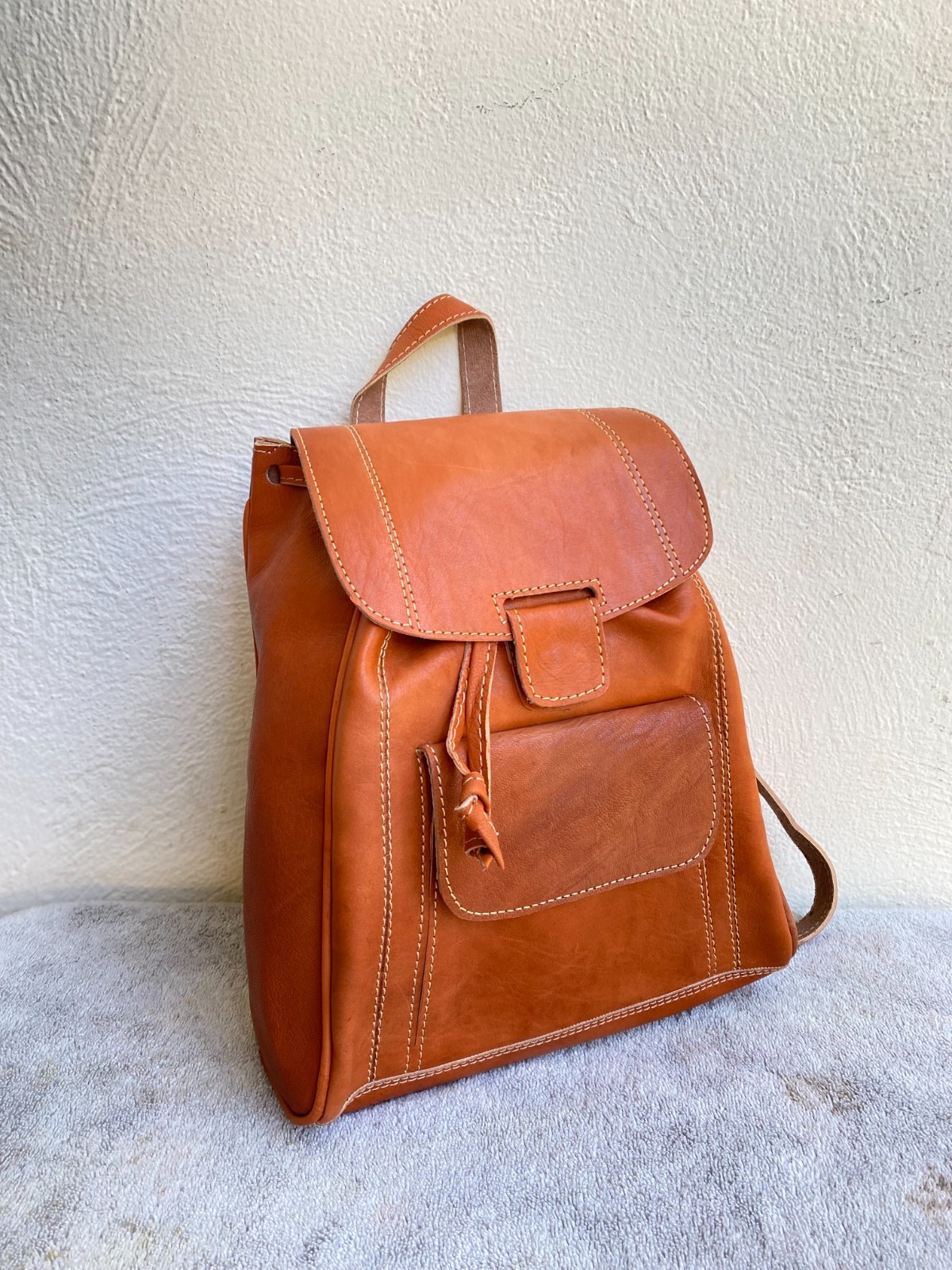 Cognac Leather Backpack Handmade Morocco Artisan Zip Genuine Leather