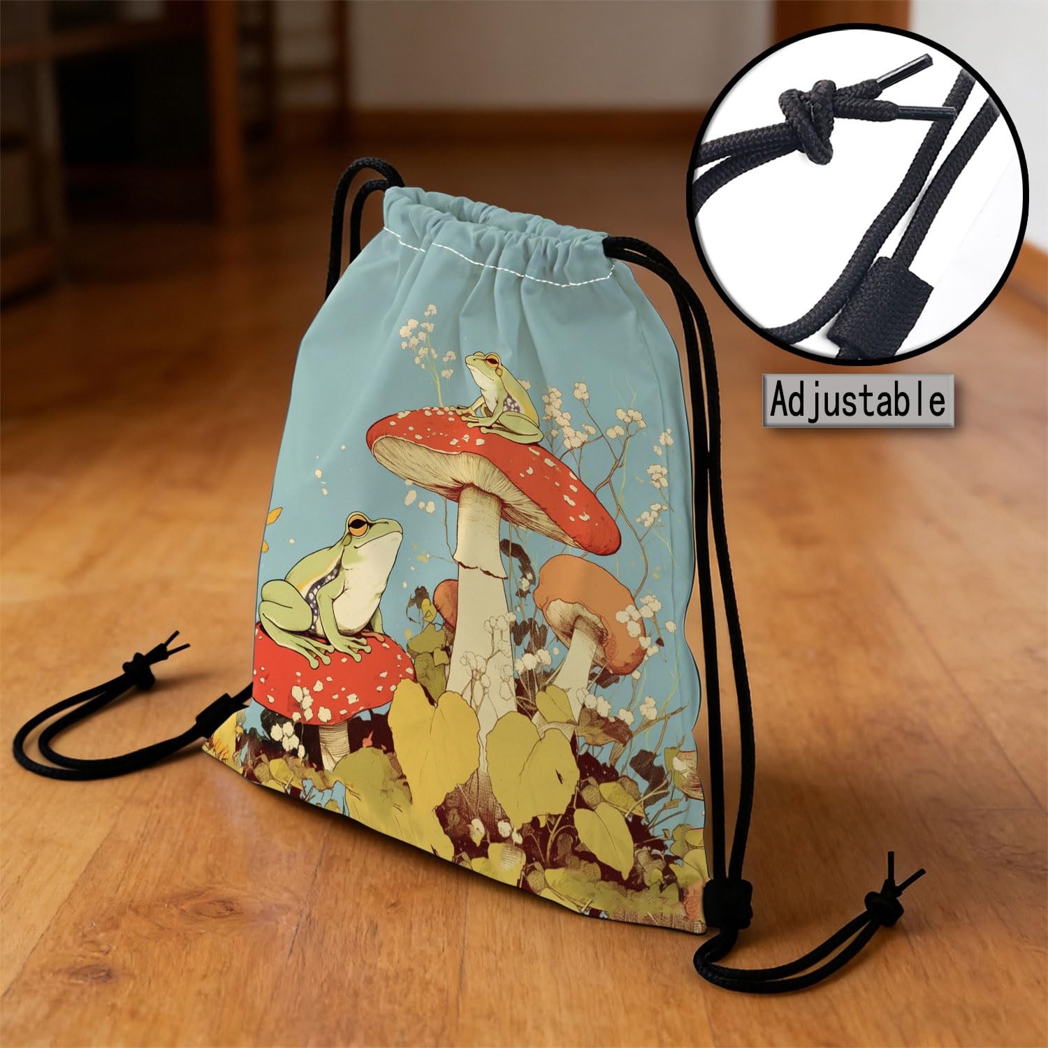 Frog Drawstring Backpack, Adjustable Cord & Inner Zipper Pocket – Reusable Gy…