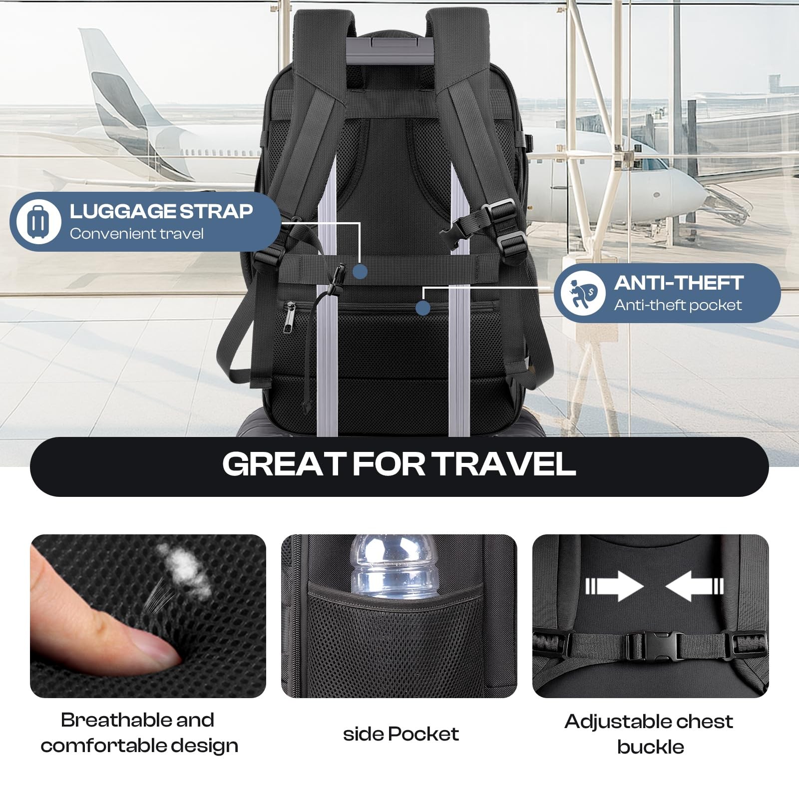 Roomy Travel Backpack,Expandable 40L-50L Carry On Backpack For 17.3″ Laptop