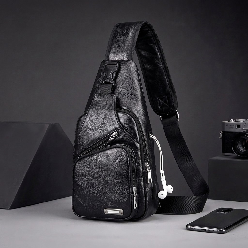 Black Chest Crossbody Bag Sling Backpack for Men with USB Charge Port Hole