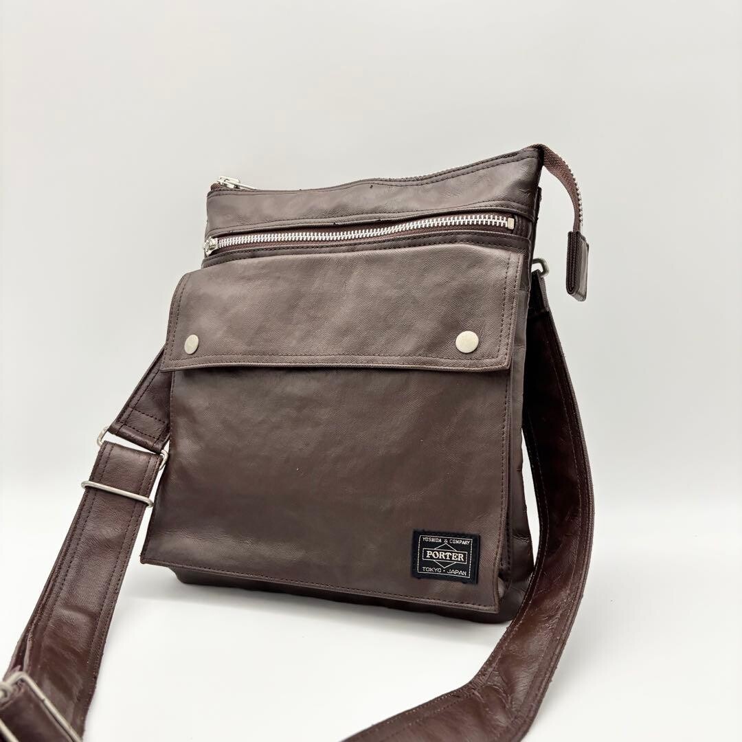 Porter Freestyle Brown Leather Shoulder Bag Zip Crossbody Japan 26x22cm B