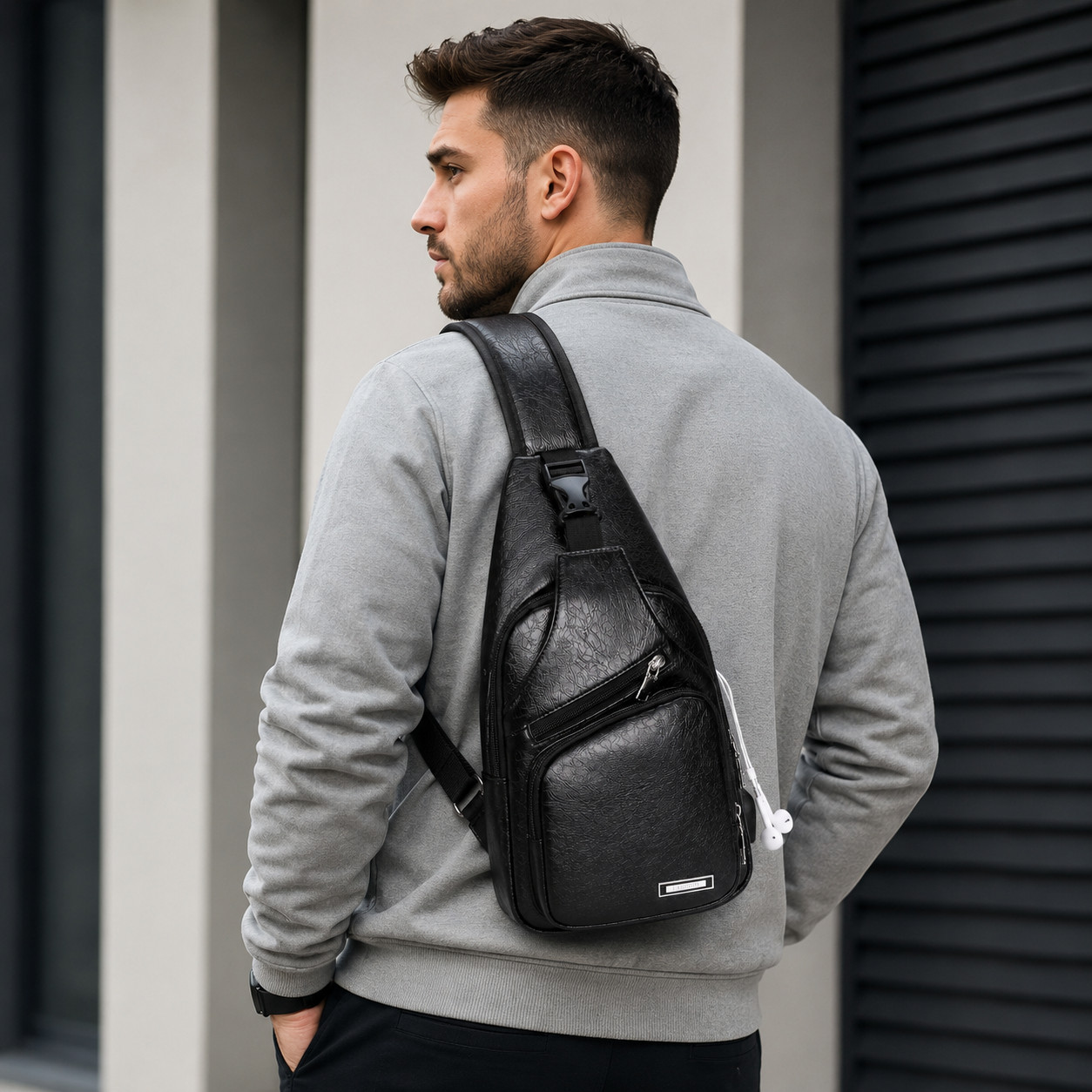 Black Chest Crossbody Bag Sling Backpack for Men with USB Charge Port Hole