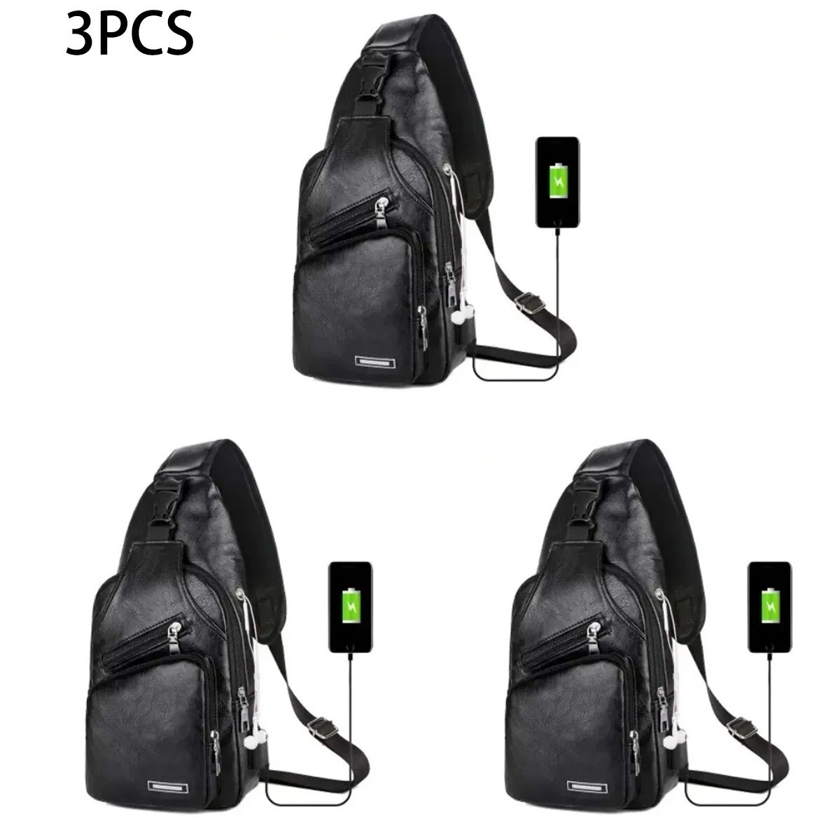 Men’s Casual Chest Bag PU Leather USB Charging Crossbody Travel Shoulder Bag