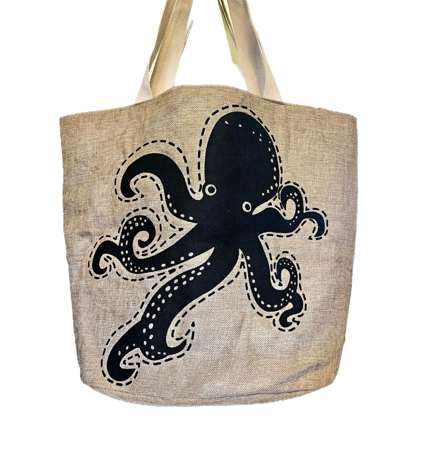Strand Octopus Squid Beach Ocean Linen Burlap Tote Bag Lined Vacay 16″ x 18 x 10