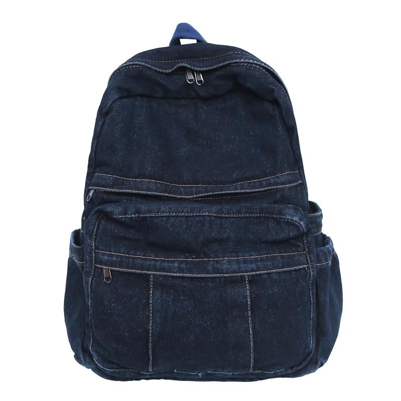Dark Blue Denim Jeans Backpack Y2K Aesthetic Classic Retro Laptop Daypack