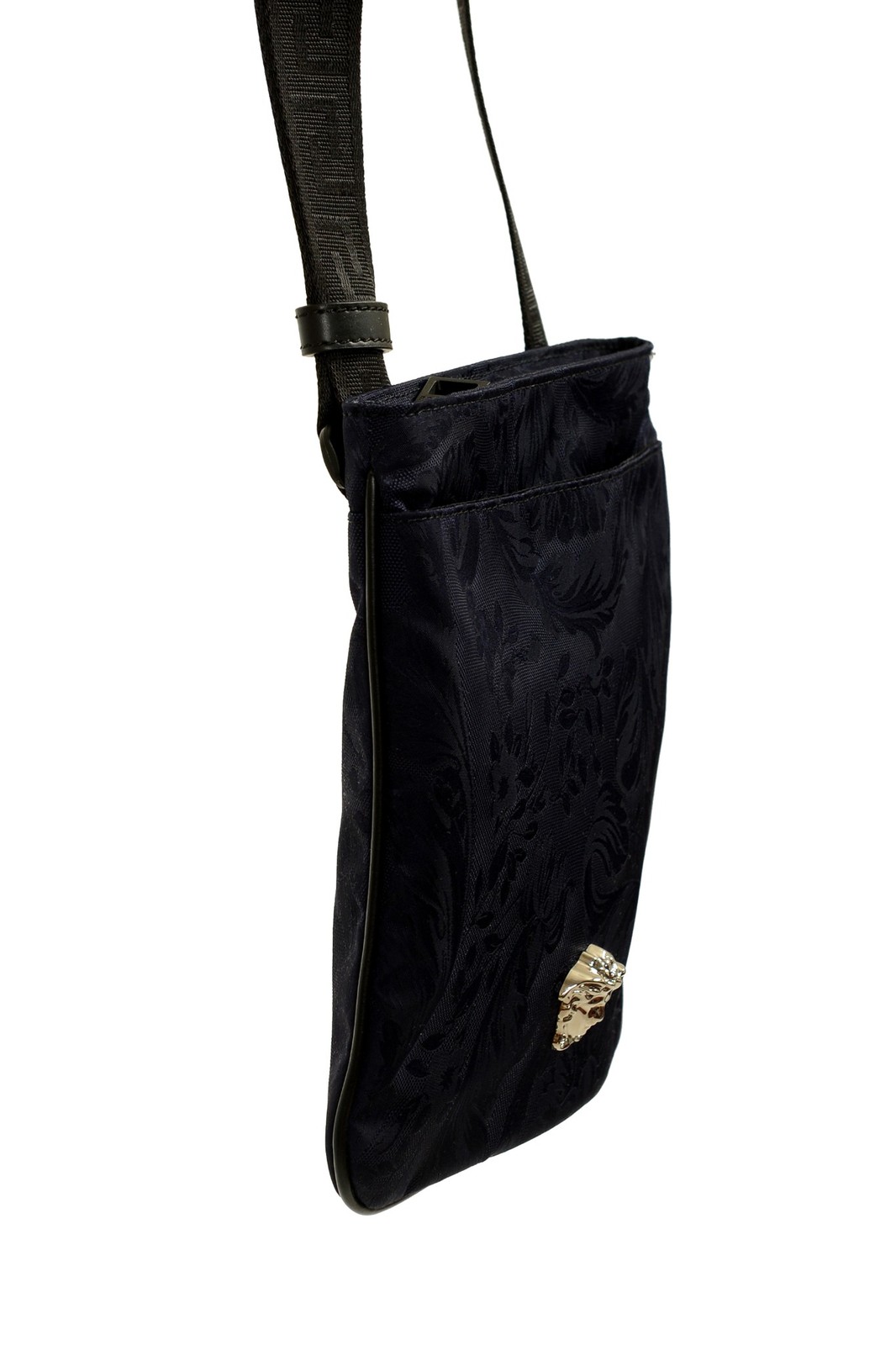 Versace Navy Heritage Print Silver Medusa Flat Fabric & Leather Crossbody Bag