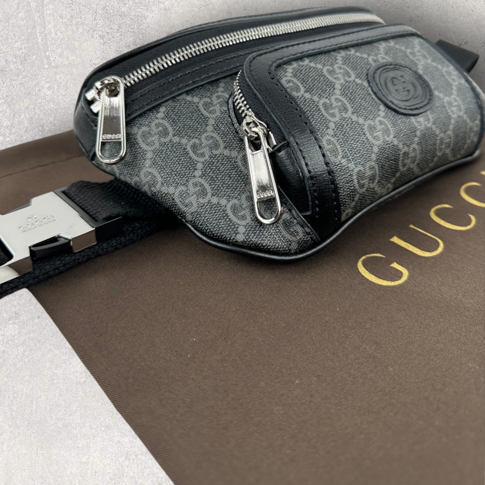 Gucci GG Monogram Interlocking G Canvas Leather Crossbody Belt Bag Black 682933