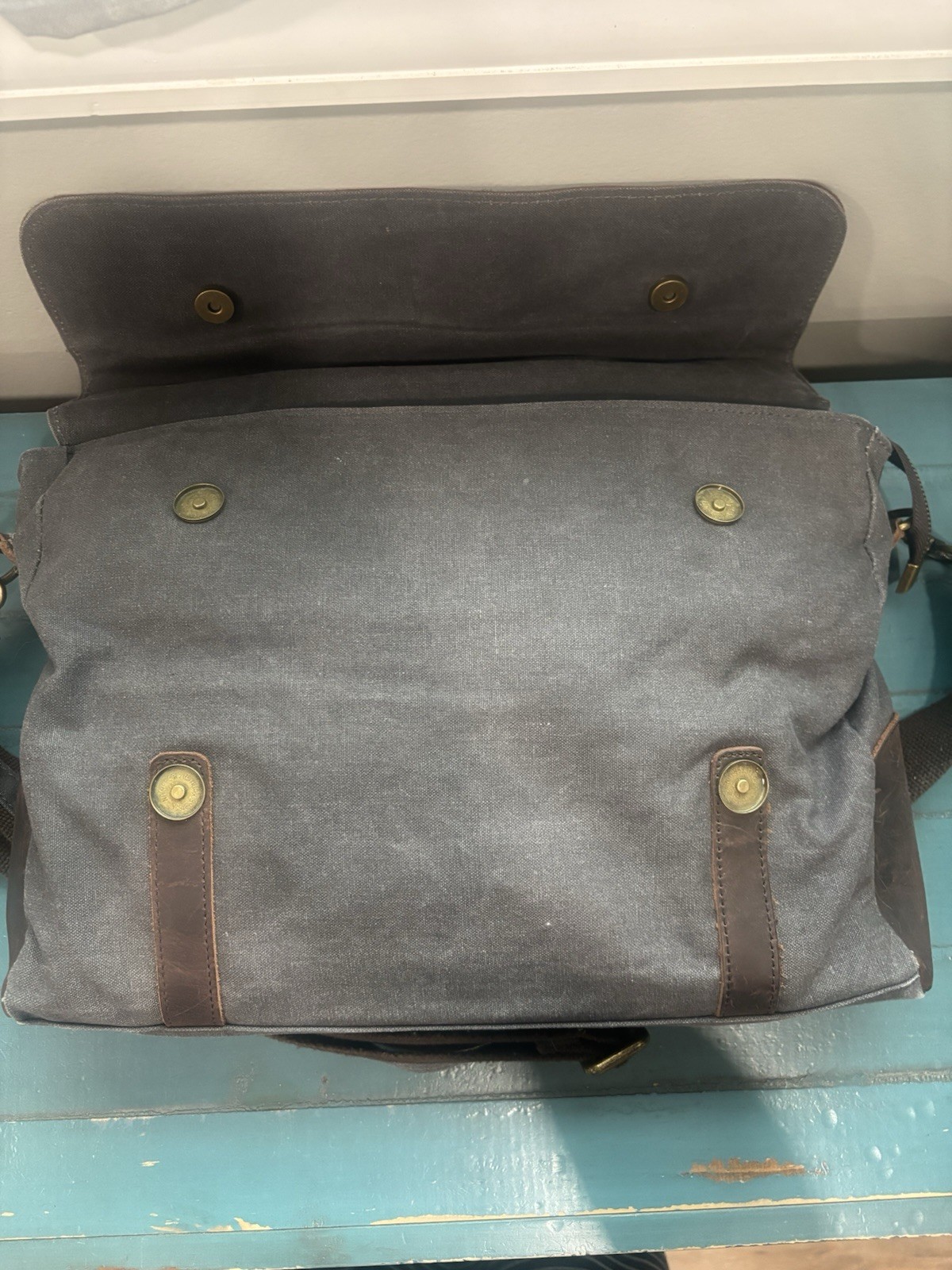 S Zone Gray Canvas Messenger Bag with Crazy Horse Brown Leather Trim 17x12x4