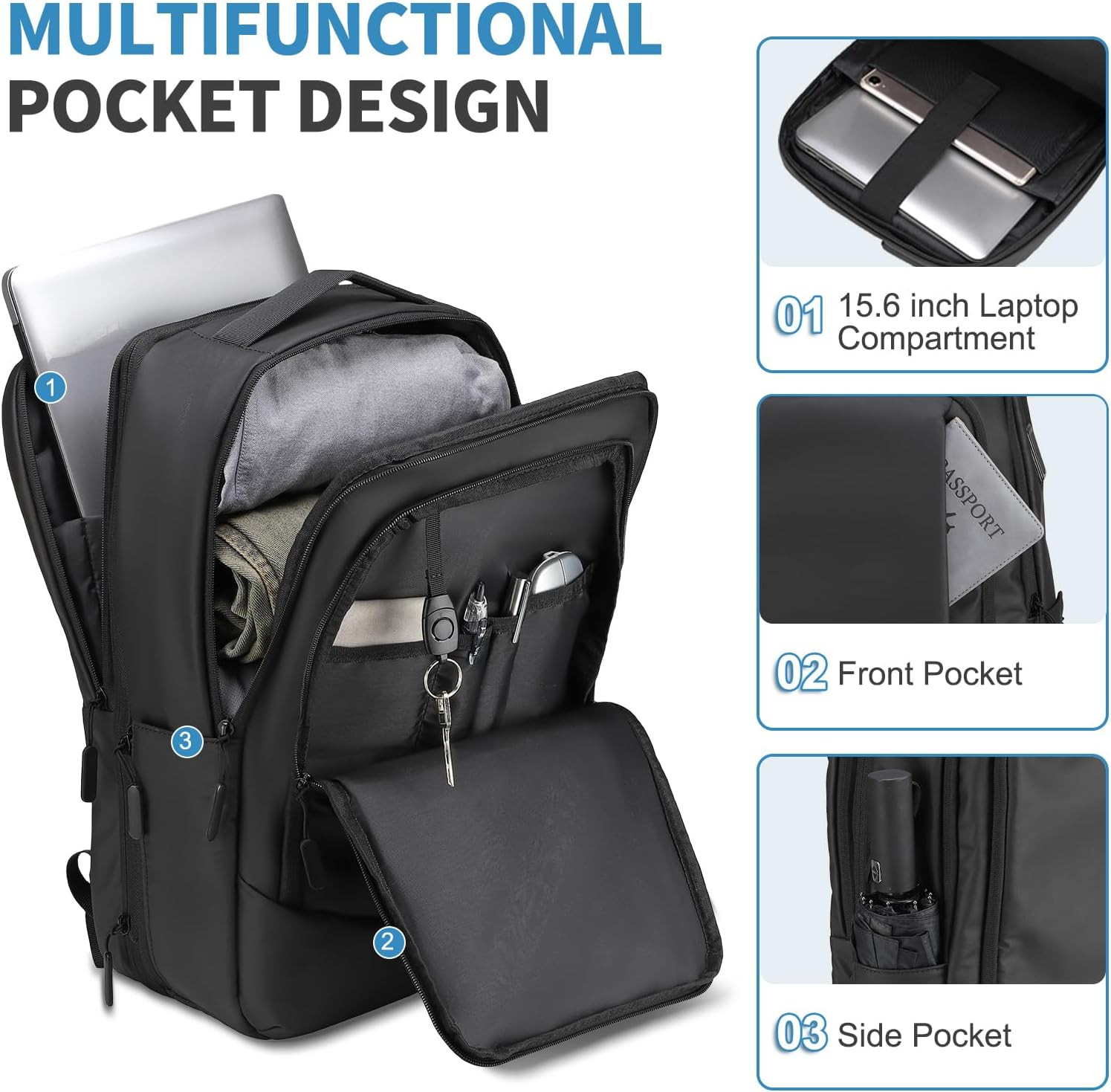38L Travel Backpack 17″ Laptop Backpack W/USB-C Port, Expandable Carry-On Bag, T