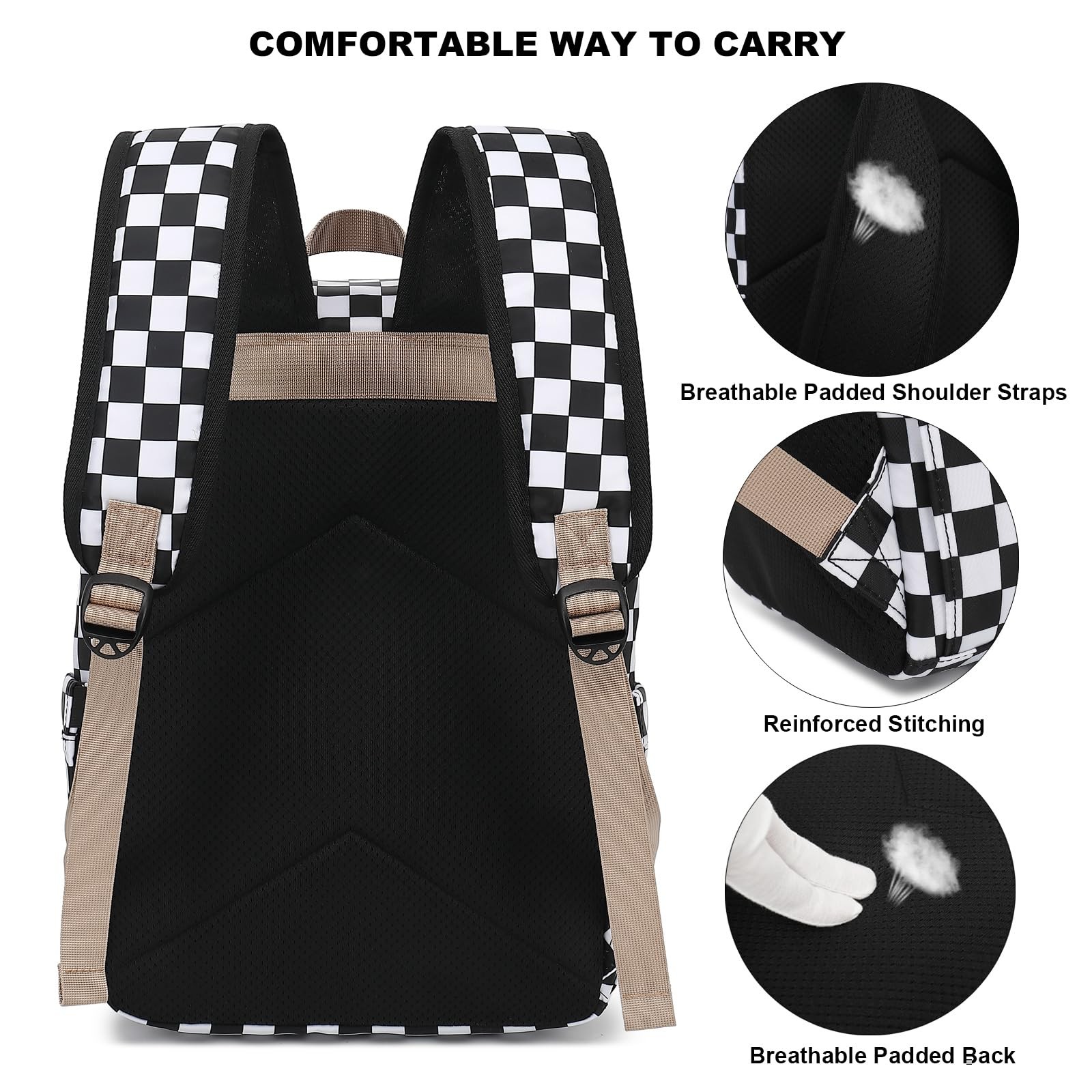 15.6 inch Checkered Laptop Backpack, Women, Girls, College, School, Travel