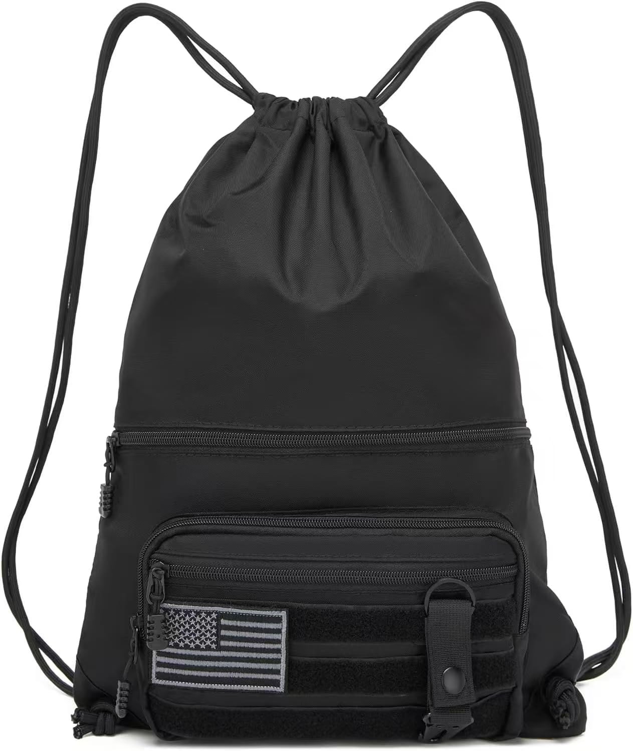 Drawstring Backpack Tactical Waterproof Zipper Pockets Sport Gym Sackpack Black