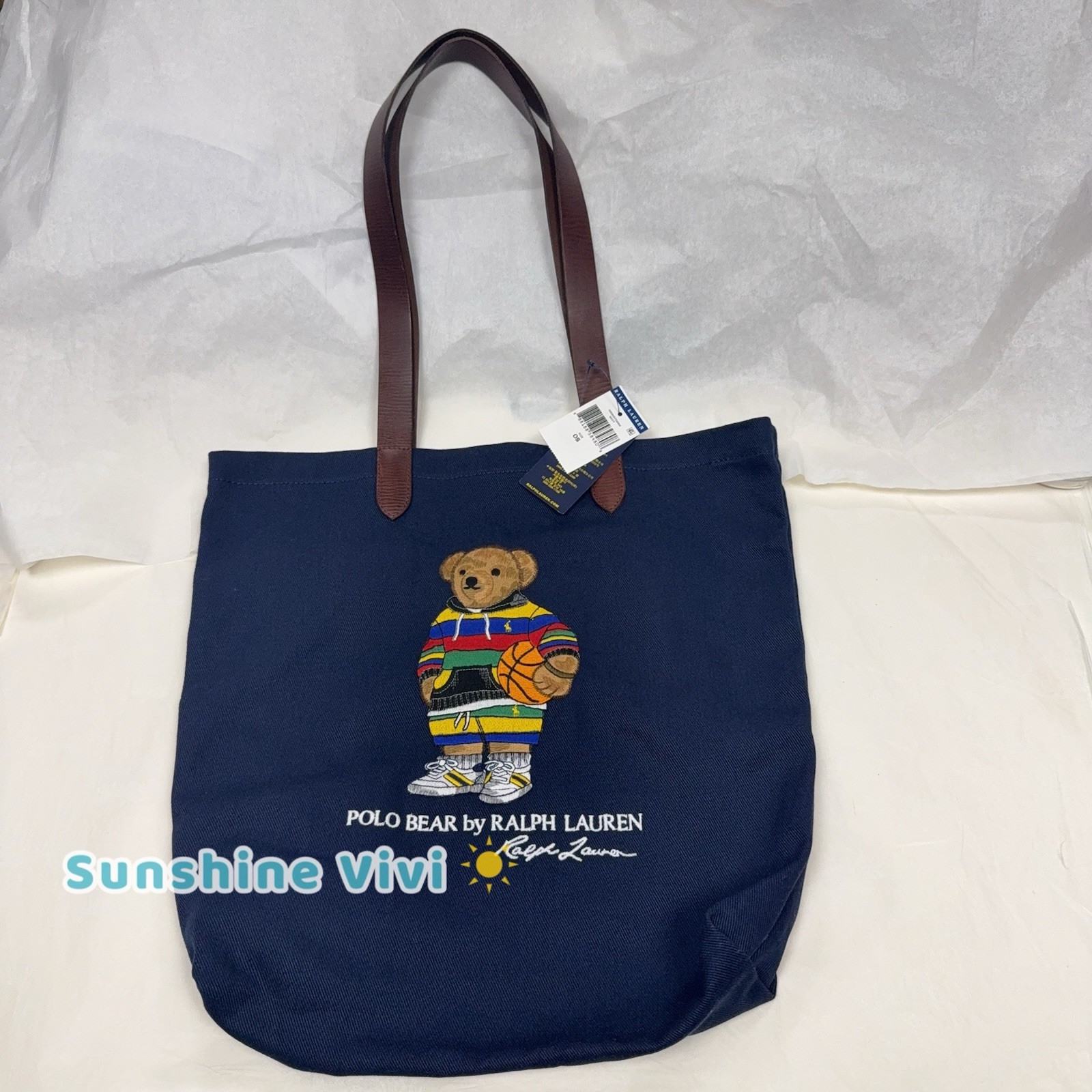 NWT Polo Ralph Lauren Cotton Twill Embroidered Jacket Bear Tote Bag Navy Canvas