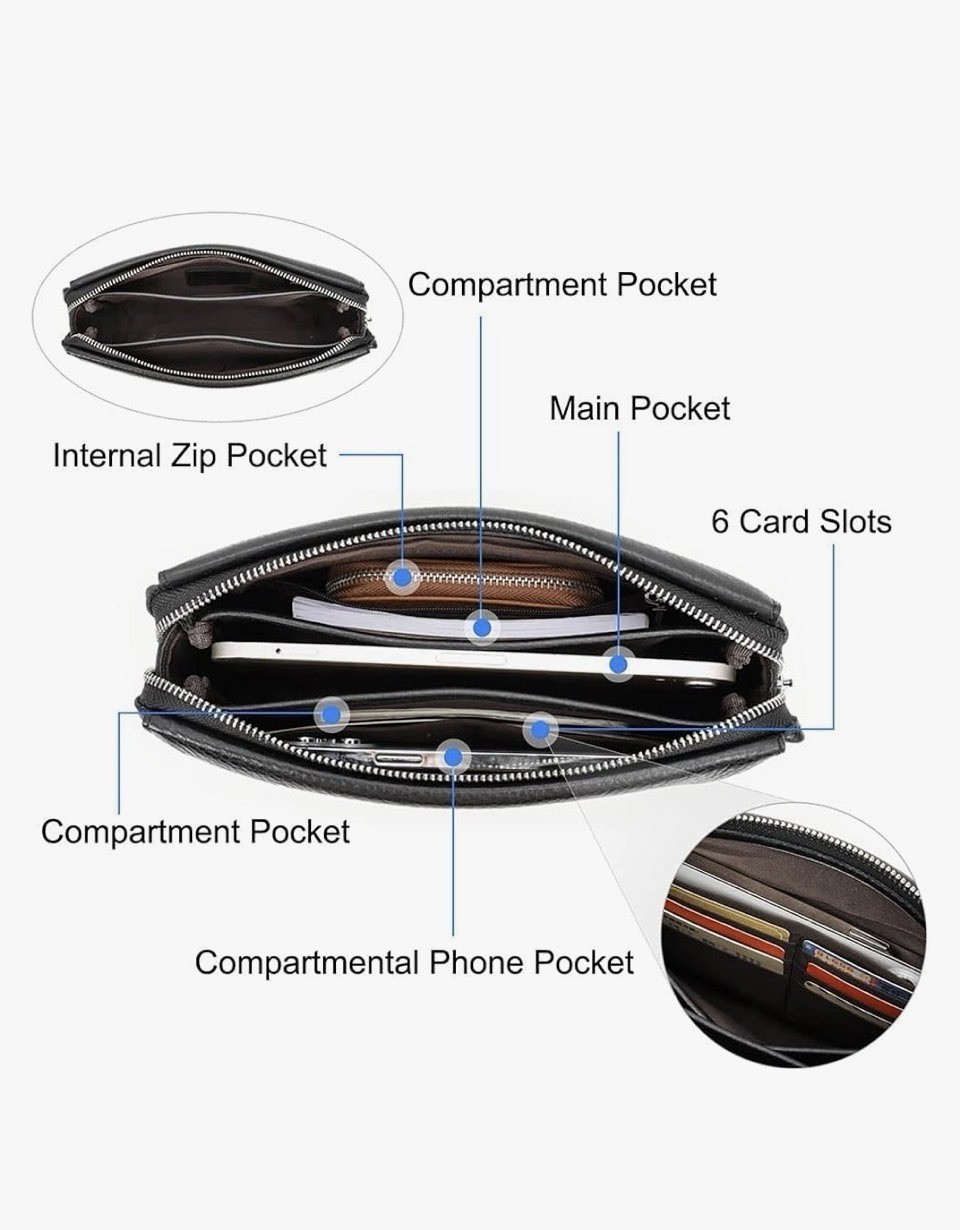 black leather clutch from CONTACTS features a combination lock for security.