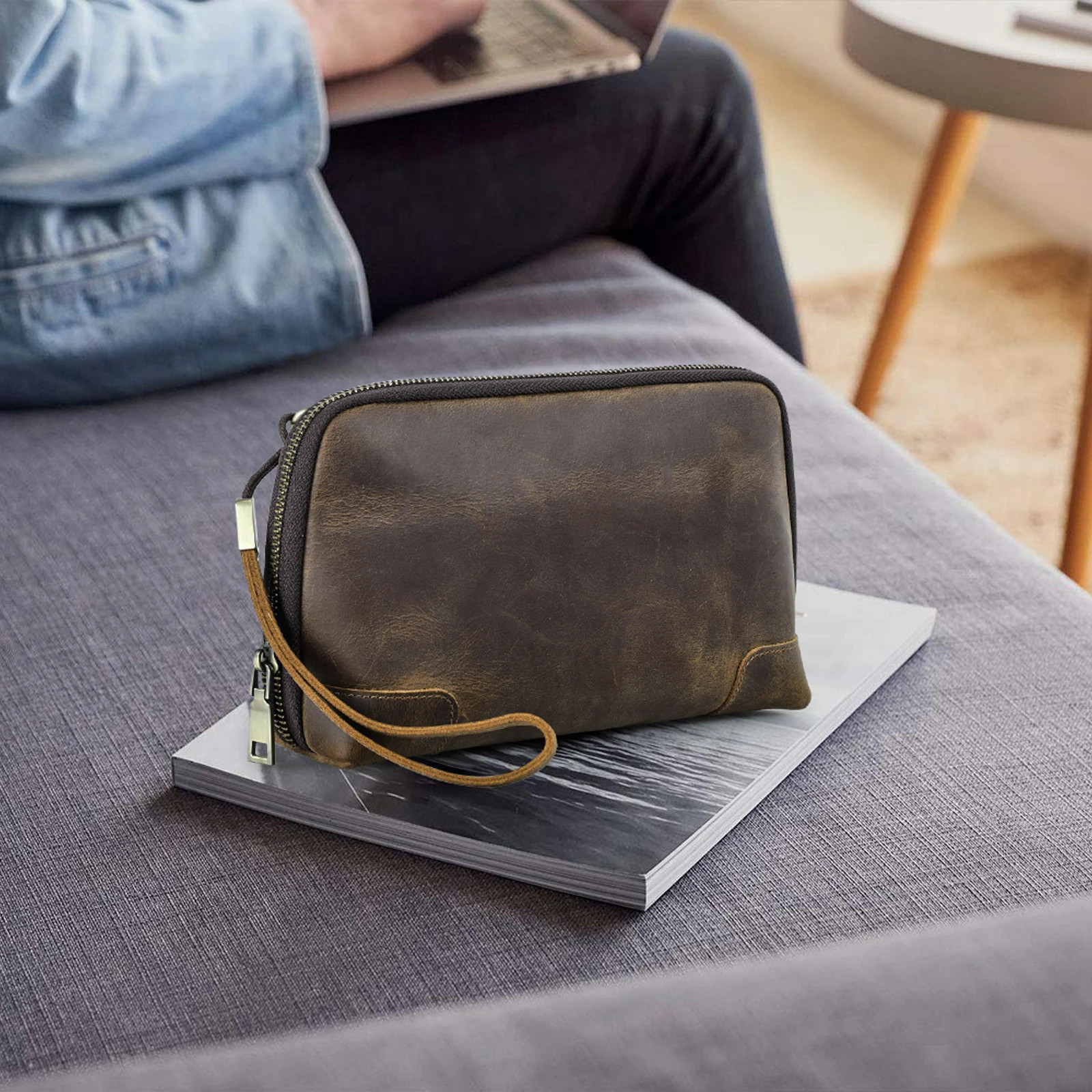 CONTACTS FAMILY Genuine Leather USB Data Cable Storage Handbag Clutch Bag For Ea