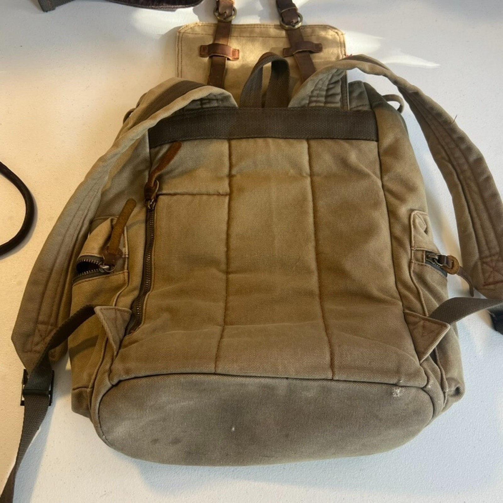 Augur Strauss Backpack Laptop Canvas Drawstring Leather Trim Boho Hiking Unisex