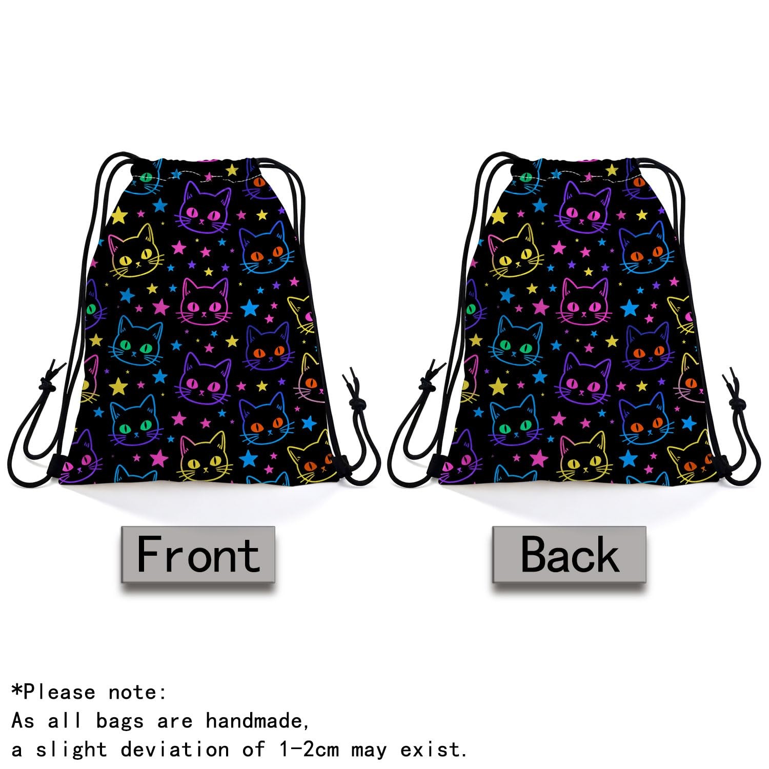 Neon Star Cat Drawstring Backpack with Dual-Sided Print, Adjustable Cord & In…