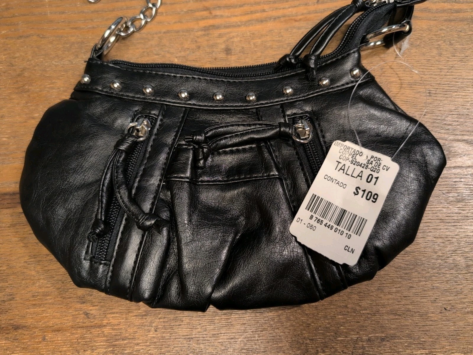Shiny Black Faux Patent Leather Shoulder Bag Multiple Pockets Studded Accents